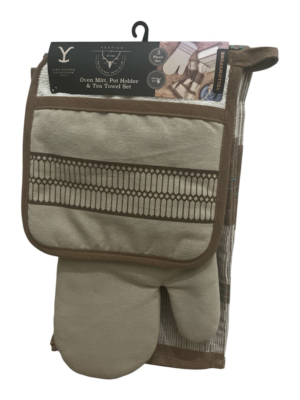 John Dutton Yellowstone Oven Mitt, Pot Holder & Tea Towel Set - Beige & Brown